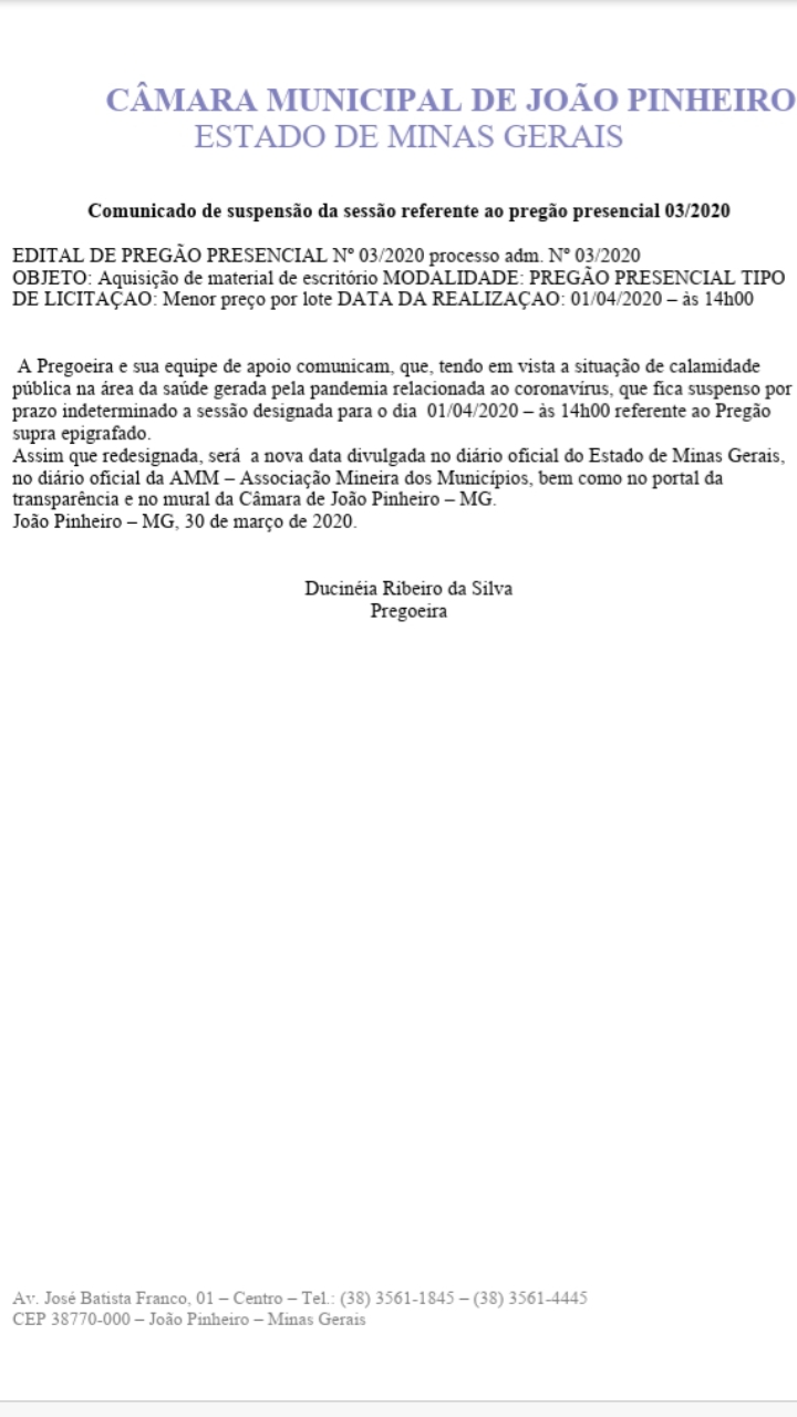  Comunicado de suspensão da sessão referente ao pregão presencial 03/2020